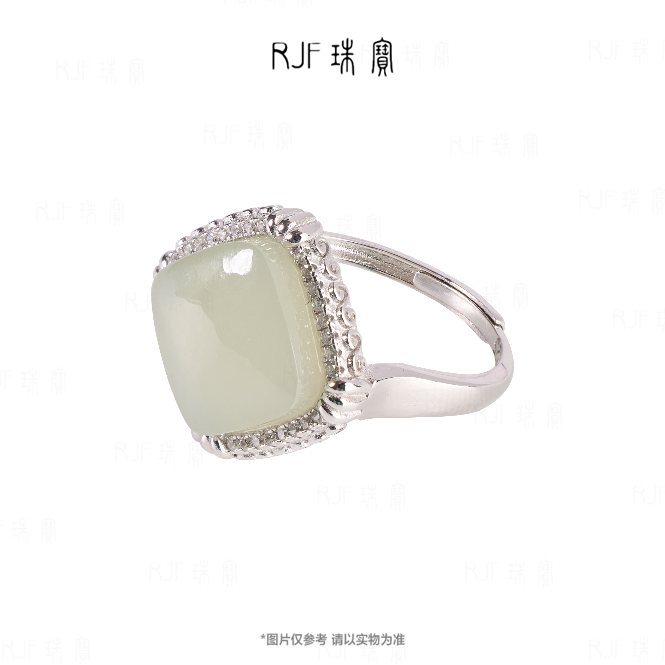 和田玉银托双边开口戒