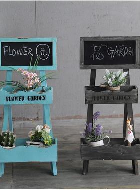 zakka实木复古做旧黑板花架多层收纳摆件创意店铺咖啡馆置物架