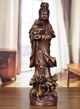 实木雕送子观音摆件木质站莲观世音菩萨神像家用供奉观音佛像雕塑