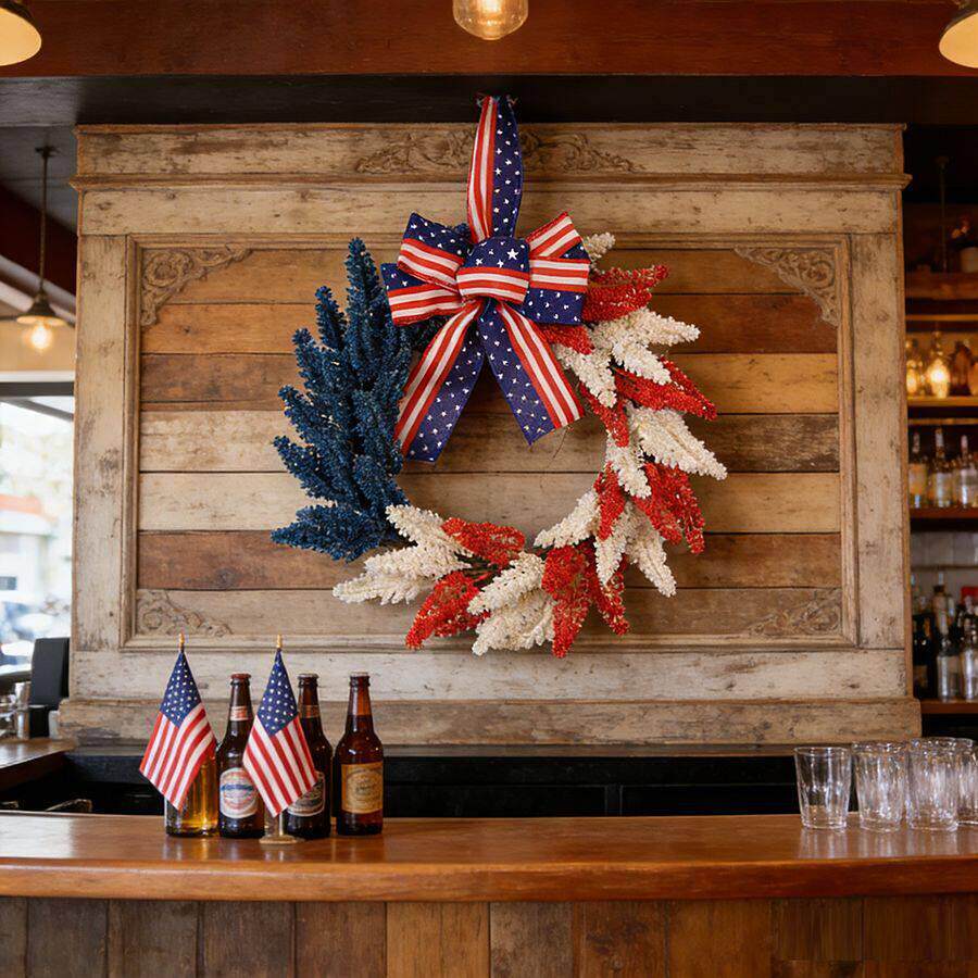 独立日花环 三色麦穗装饰花圈 星条旗蝴蝶结壁挂节日气氛布置挂件