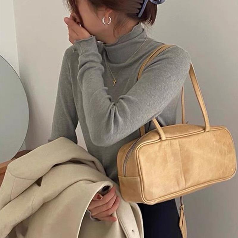 2025秋冬半高领修身显瘦打底衫 木耳边螺纹纯色薄款打底衫上衣女