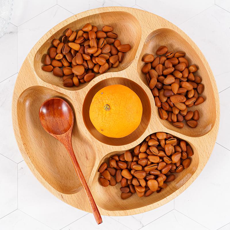 家用餐盘创意实木分格果盘五格水果零食盘榉木加厚圆盘家户外餐盘