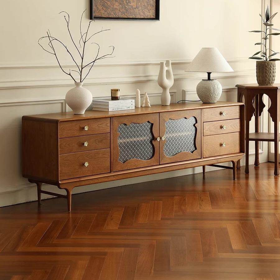 法式复古实木电视柜樱桃木简约北欧小户型茶几组合地柜边柜收纳柜