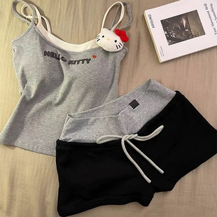甜美kitty带胸垫睡衣女夏季 纯欲假两件吊带短裤 可外穿家居服套装