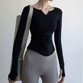 瑜伽服长袖 显瘦透气瑜伽t恤打底V领速干跑步运动健身服 上衣女修身