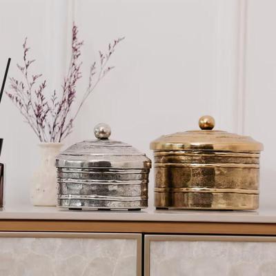 欧式古典进口铝制横条锤纹复古做旧金银色收纳罐摆件样板间装饰盒