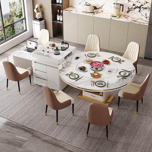 2025新款伸缩岛台餐桌一体家用轻奢多功能电磁炉内嵌转盘岩板餐桌