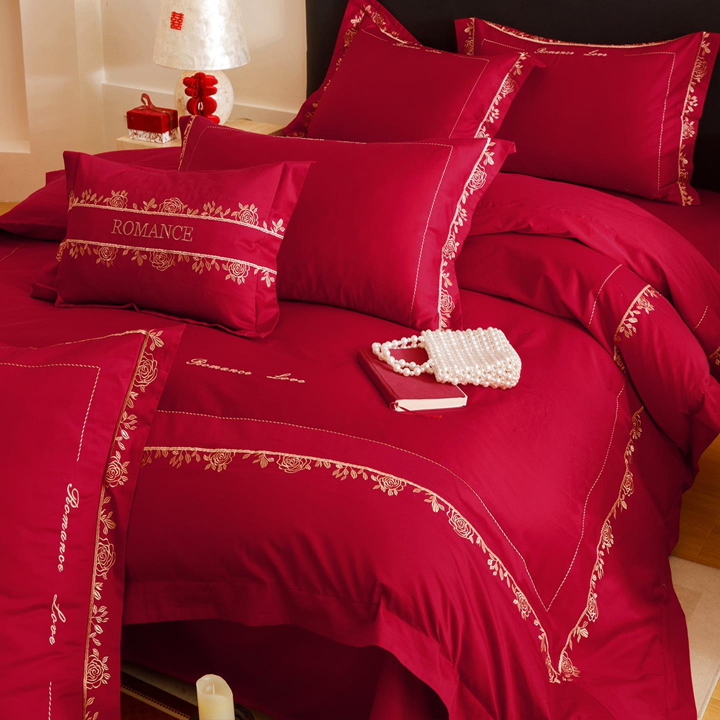 高级感时尚酒红色长绒棉四件套玫瑰刺绣被套全棉床单轻奢大气床品