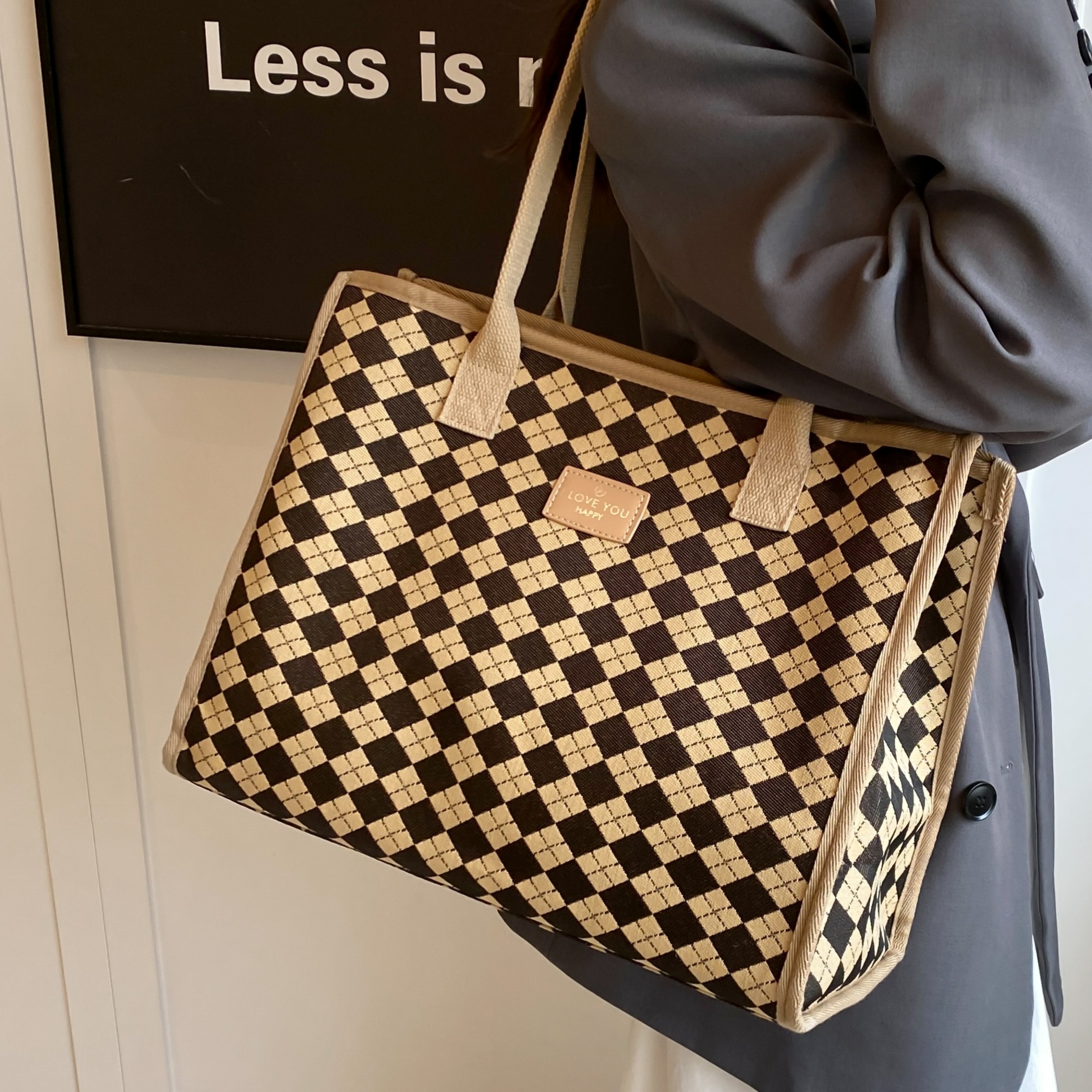大容量菱格纹帆布托特包女高级感轻便通勤外出手提包购物袋单肩包,箱包皮具/热销女包/男包,托特包,淘宝优惠券,粉丝福利购,淘宝优惠卷