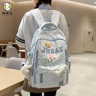 日系ins风双肩书包蓝色高颜值小清新初中生高中生大容量女生肩包