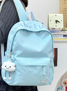 书包女大学生日系极简风纯色简约百搭蓝色高中学生双肩包小众潮流