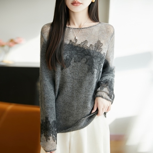 马海毛针织衫女透视蕾丝拼接慵懒套头毛衣宽松百搭上衣