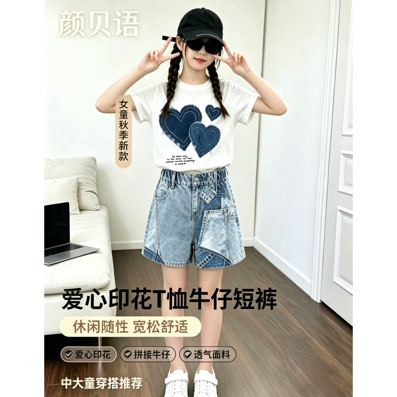 颜贝语女童爱心印花T恤牛仔短裤两件套休闲显瘦套装