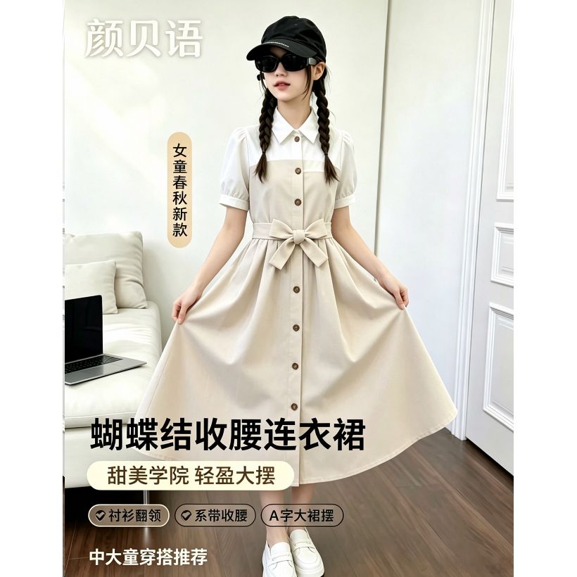 颜贝语女童蝴蝶结收腰中长连衣裙