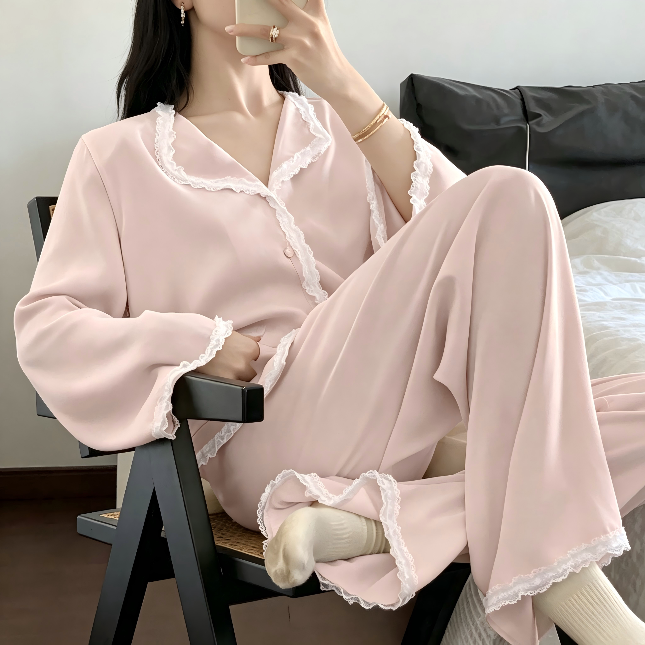 亦露妙法式甜美风纯棉睡衣女长袖开衫蕾丝花边家居服套装