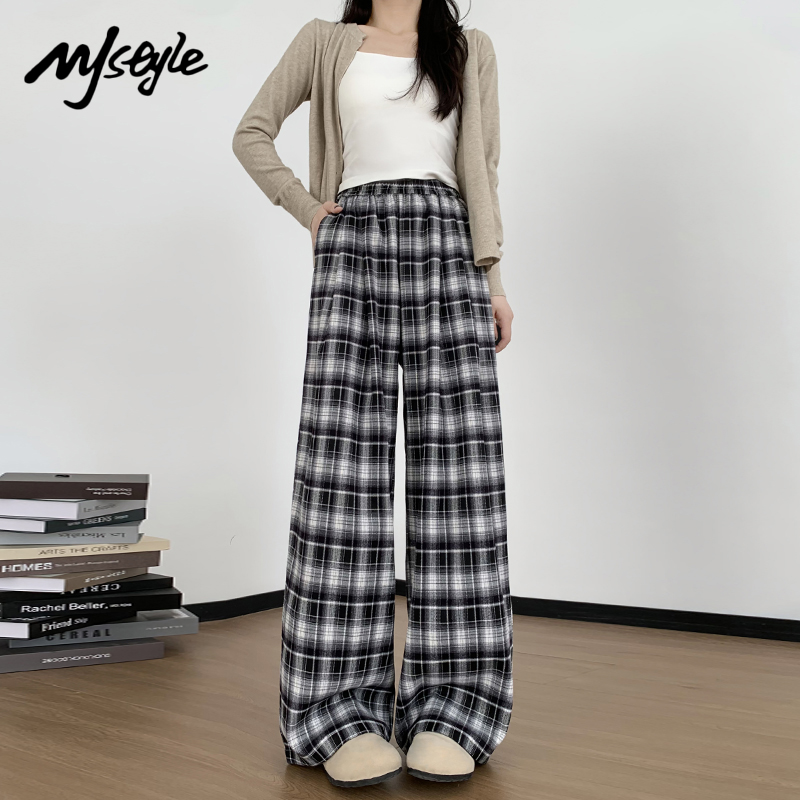 MJSTYLE蓝色毛呢格子阔腿裤女秋