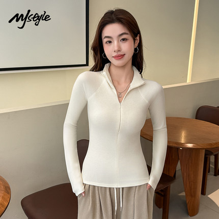 MJ STYLE杏色半拉链运动长袖t恤女25秋冬季立领修身内搭打底衫