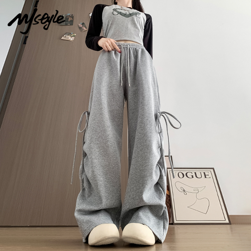 MJSTYLE阔腿绑带抽绳运动卫裤女