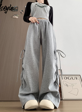 MJ STYLE美式运动阔腿卫裤女2025新款显瘦慵懒感绑带抽绳休闲裤子