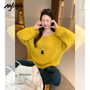 韩系氛围新款 毛衣女2025秋季 宽松镂空上衣 STYLE慵懒风黄色长袖