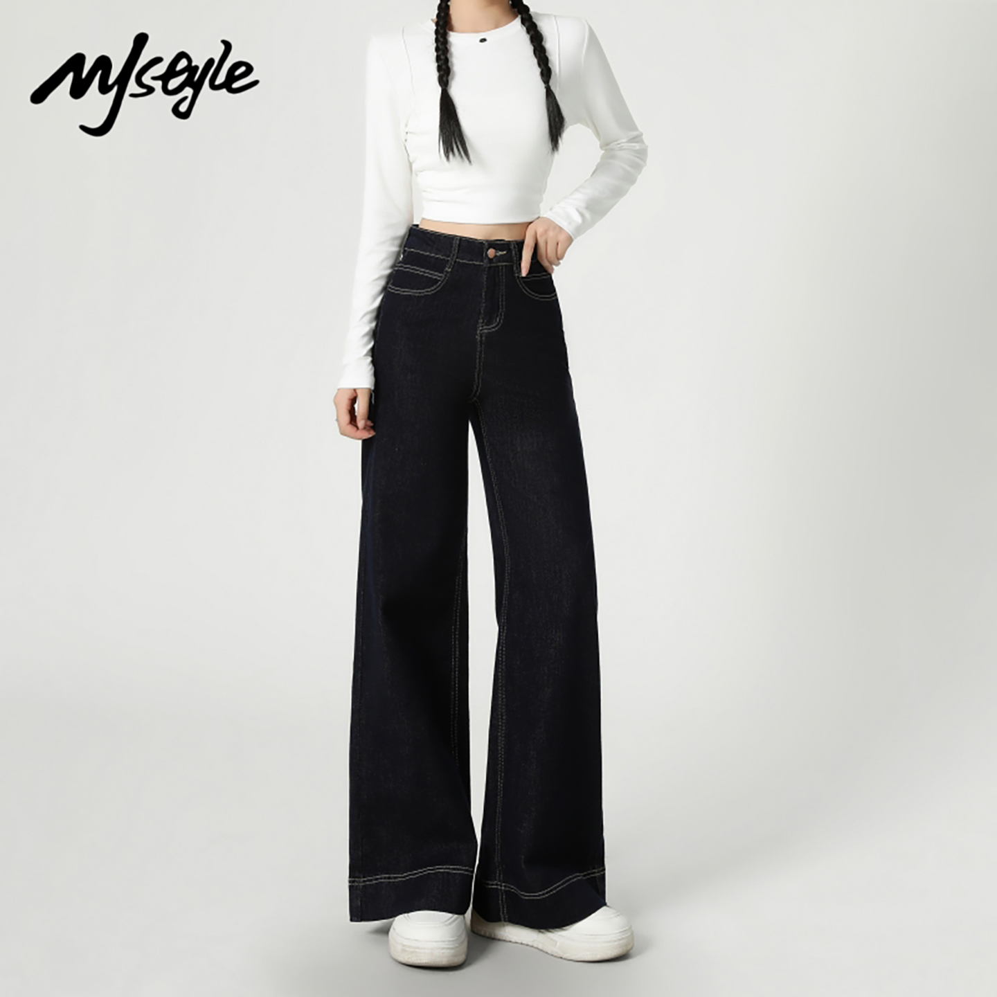 MJ STYLE高腰阔腿牛仔裤女2025秋季新款高腰直筒裤小个子休闲裤子
