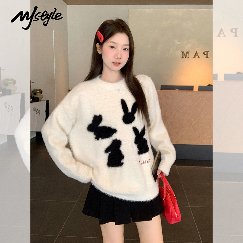 MJSTYLE卡通兔慵懒风毛绒针织衫