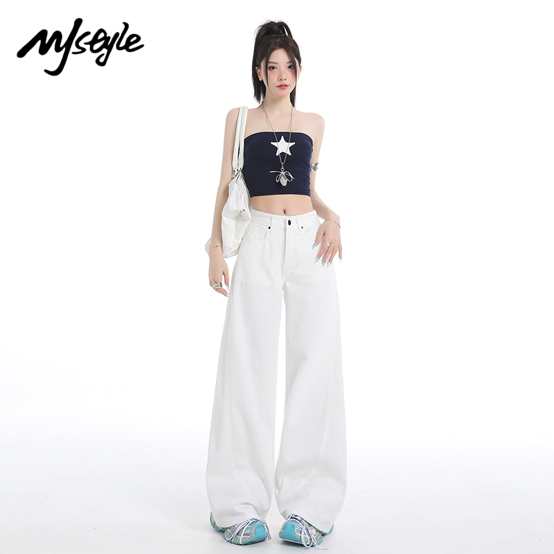 MJ STYLE白色高腰牛仔裤女2025夏季新款休闲慵懒显瘦宽松阔腿裤