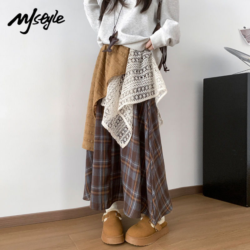 MJSTYLE拼接格子不规则半身裙女