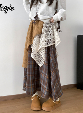 MJ STYLE蕾丝拼接不规则半身裙女2026春复古长裙显瘦A字格子伞裙