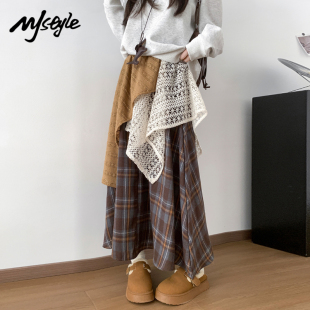 MJ STYLE蕾丝拼接不规则半身裙女2025秋复古长裙显瘦A字格子伞裙