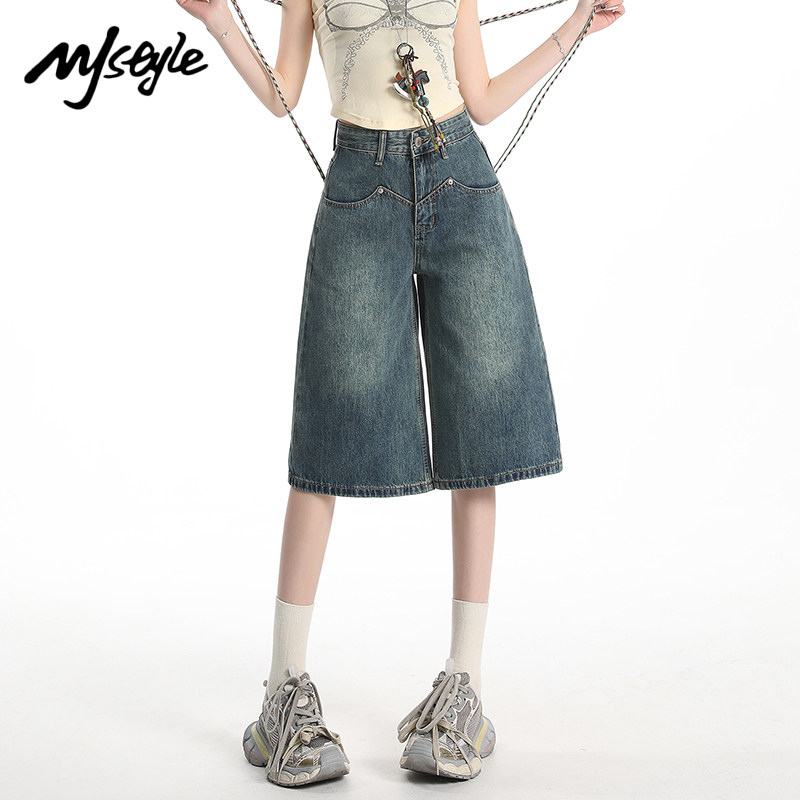 MJ STYLE美式复古牛仔七分短裤女2026夏季高腰直筒八分裤阔腿中裤