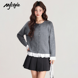 设计感加厚开衫 新款 女2025冬季 毛衣 STYLE假两件蕾丝拼接针织衫