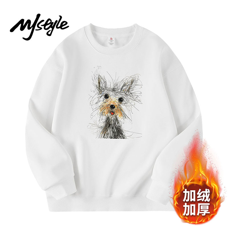 MJSTYLE白色加绒圆领印花卫衣女