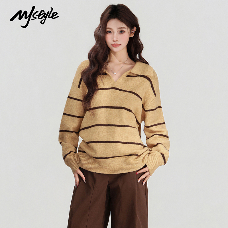 MJSTYLE黄色条纹翻领针织毛衫女
