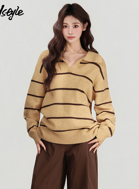 MJ STYLE黄色条纹翻领针织毛衫女2025秋冬新款上衣设计感长袖打底