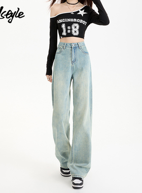 MJ STYLE窄版直筒牛仔裤女2025早春新款宽松高腰小个子显高阔腿裤