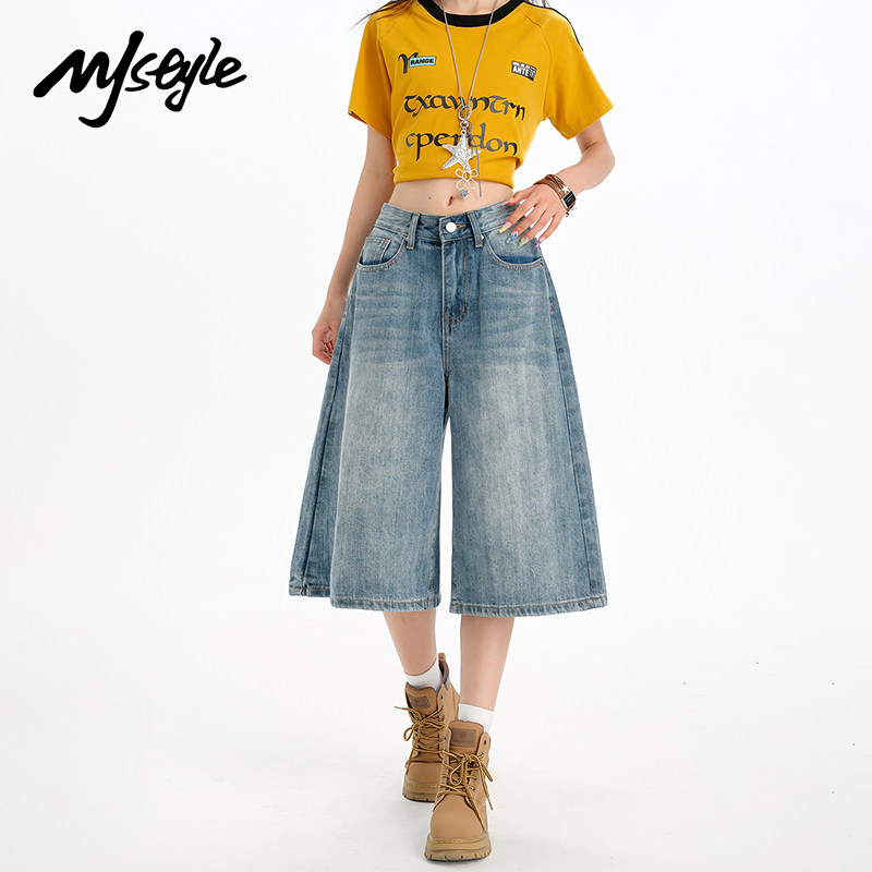 MJ STYLE美式复古牛仔短裤女2026年夏季新款七分裤高腰显瘦阔腿裤