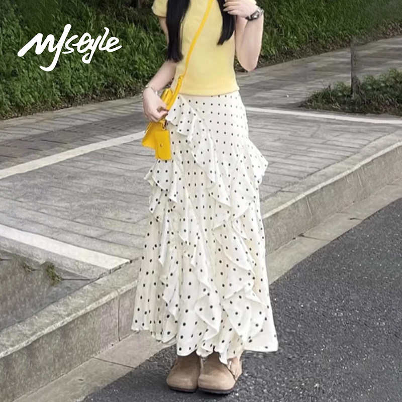MJ STYLE法式不规则波点半身裙女2026夏季新款田园风花边中长裙子