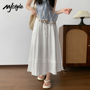MJ STYLE法式蕾丝花边半身裙女大码韩系显瘦A字裙高腰蓬蓬中长裙