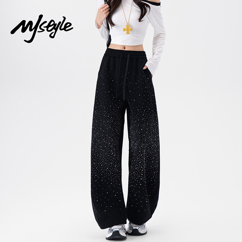 MJ STYLE满天星烫钻阔腿裤女春季新款潮流直筒裤小个子拖地休闲裤