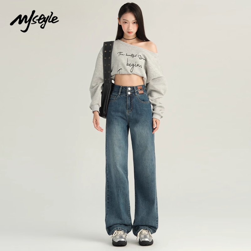 MJ STYLE阔腿牛仔裤女2025春秋新款高腰窄版直筒裤小个子拖地长裤