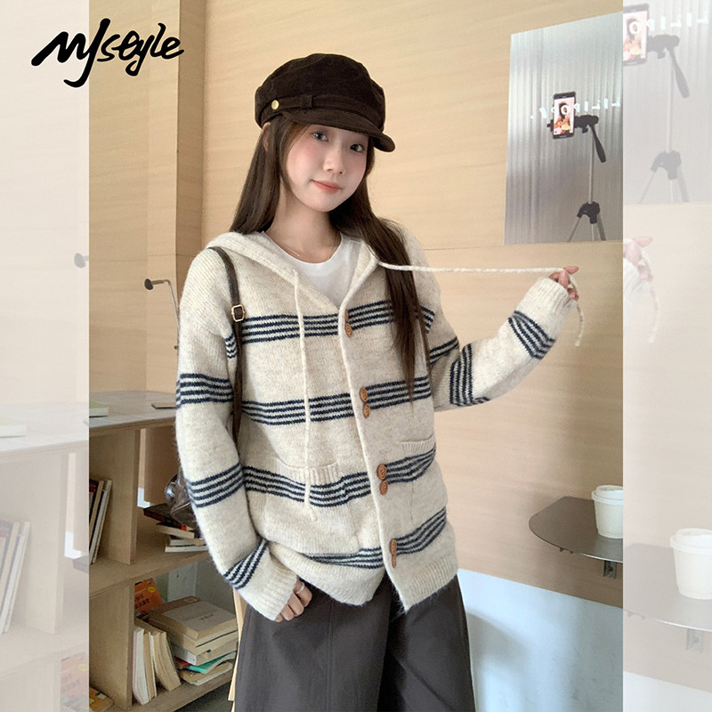 MJ STYLE羊毛长袖加厚毛衣外套女2025年秋冬新款慵懒连帽针织开衫