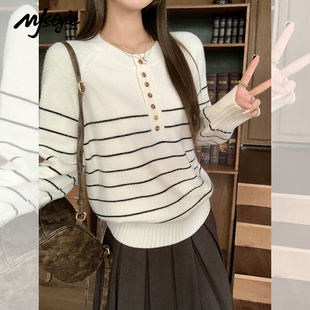 上衣休息半开领长袖 女2025秋冬新款 t恤 STYLE圆领条纹针织衫