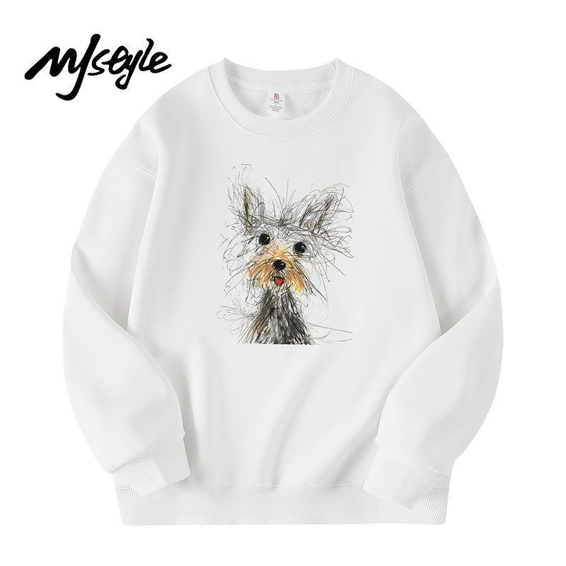 MJSTYLE白色加绒圆领印花卫衣女