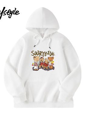 MJ STYLE加绒印花连帽卫衣女2025秋冬休闲圆领长袖上衣情侣装帽衫