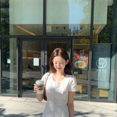 chic 韩国夏季新款复古气质甜美蕾丝花边短袖单排扣A字连衣裙