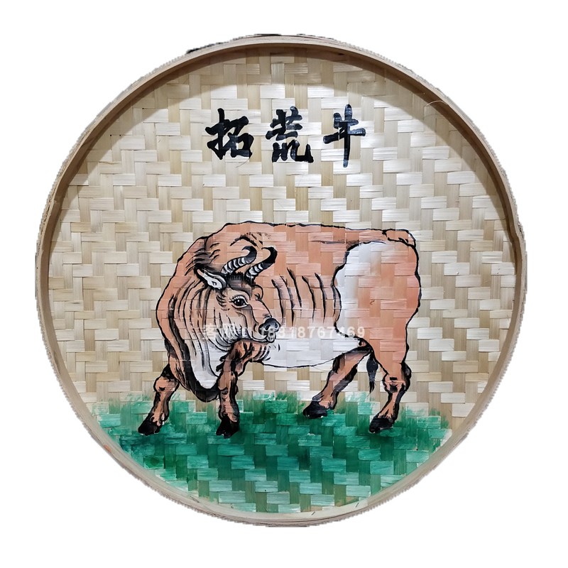 定制手工绘画簸箕画农家乐挂饰五牛图火锅店饭店墙壁装饰品挂画图片