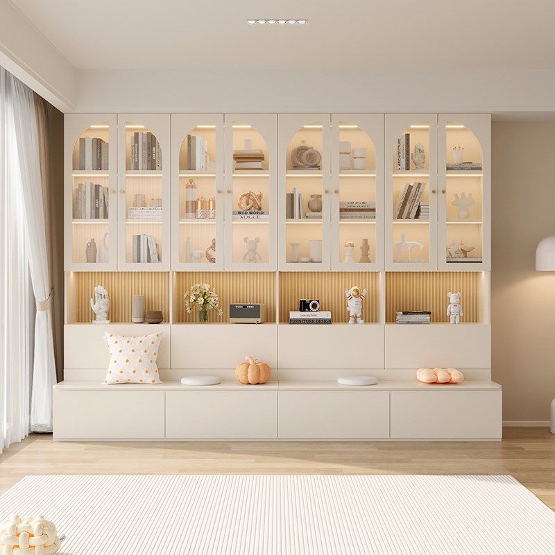 去客厅化卡座书柜奶油风组合书架玻璃门展示柜定制靠墙落地书柜,住宅家具,组合书柜,淘宝优惠券,粉丝福利购,淘宝优惠卷