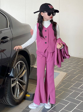 女童西装套装2023新款儿童洋气时髦中大童外套裤子两件套春秋装潮