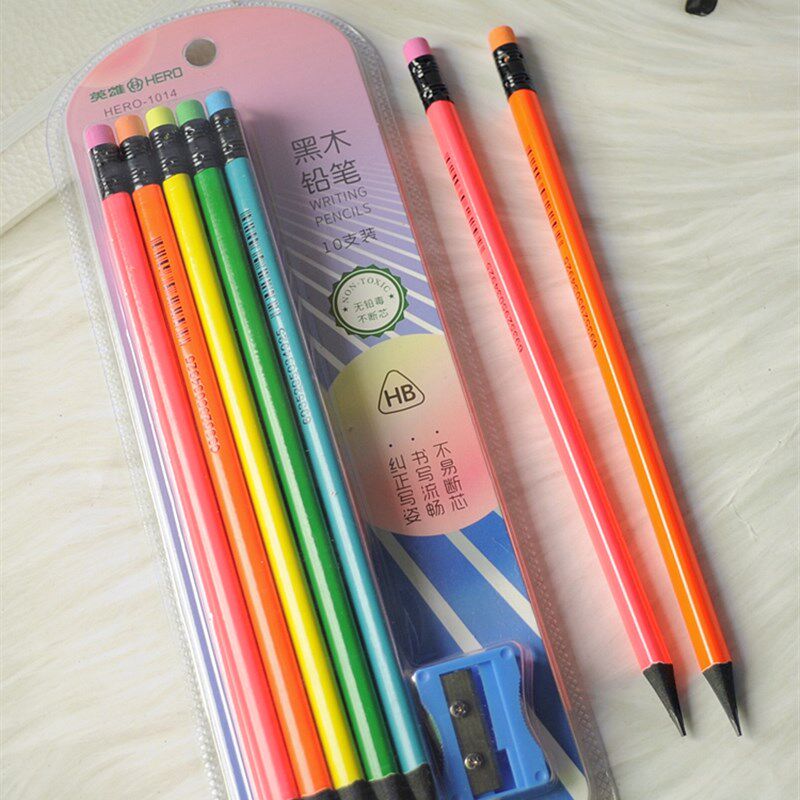 免费刻字英雄牌黑木三角HB铅笔2B小学生炫彩无铅毒个性防丢幼儿园